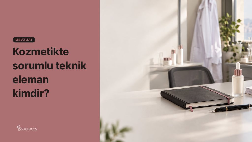 Laboratuvar ofisinde masa üstünde kapalı defter, dolma kalem, mühürlü kozmetik şişesi ve boş formlar